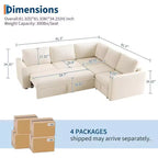 Divano sezionale a L in ciniglia beige/grigio con letto estraibile, 4 posti a sedere