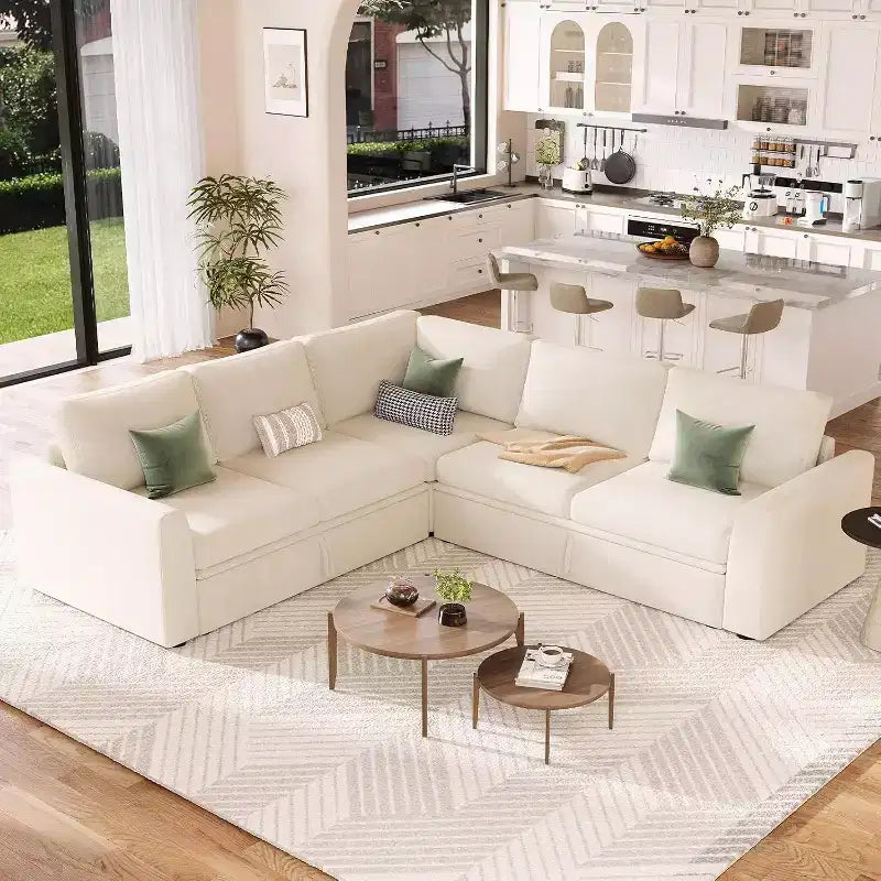 Divano sezionale a L in ciniglia beige/grigio con letto estraibile, 4 posti a sedere