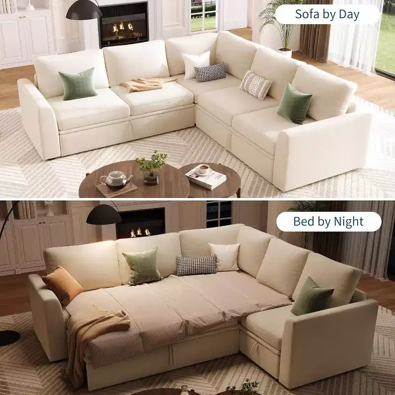 Divano sezionale a L in ciniglia beige/grigio con letto estraibile, 4 posti a sedere