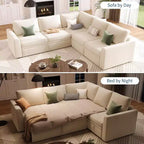 Divano sezionale a L in ciniglia beige/grigio con letto estraibile, 4 posti a sedere