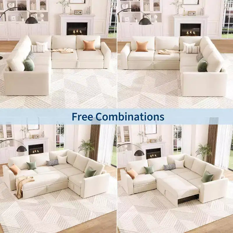 Divano sezionale a L in ciniglia beige/grigio con letto estraibile, 4 posti a sedere