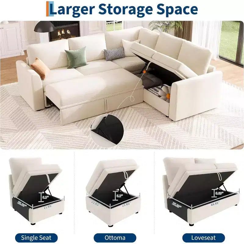 Divano sezionale a L in ciniglia beige/grigio con letto estraibile, 4 posti a sedere