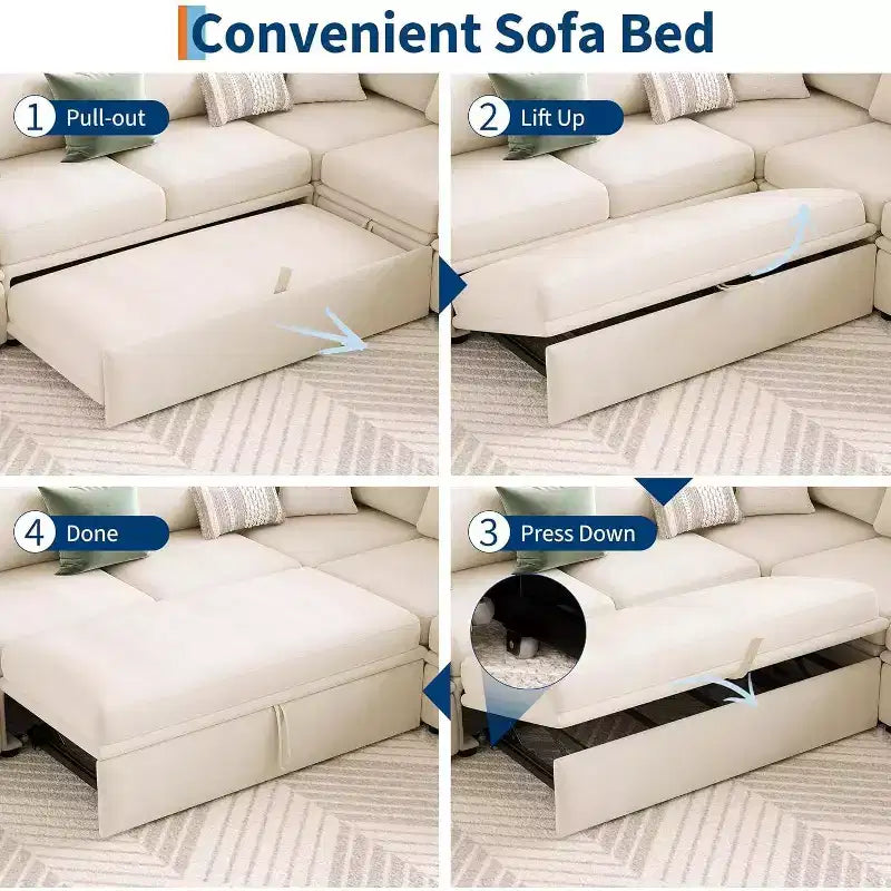 Divano sezionale a L in ciniglia beige/grigio con letto estraibile, 4 posti a sedere