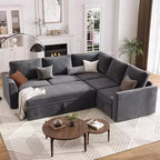Divano sezionale a L in ciniglia beige/grigio con letto estraibile, 4 posti a sedere