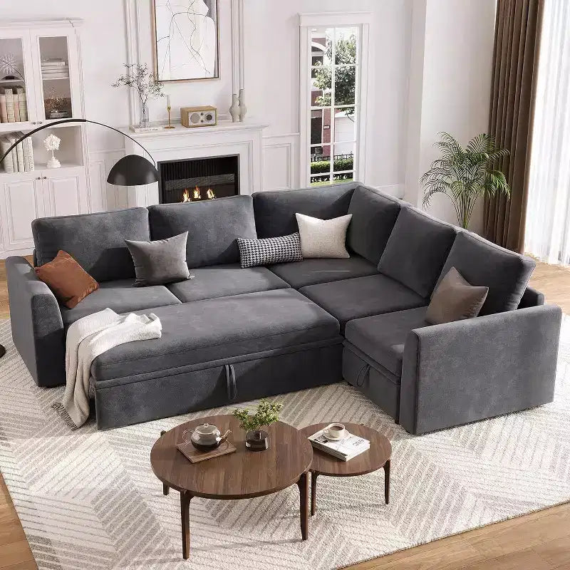 Divano sezionale a L in ciniglia beige/grigio con letto estraibile, 4 posti a sedere