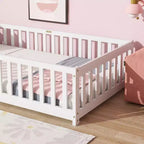 Letto a Castello a Terra con Sponda di Sicurezza, Espresso/Grigio/Naturale/Rosa/Bianco, Legno Massello, 1 Bambino