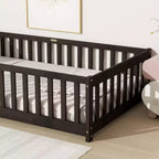 Letto a Castello a Terra con Sponda di Sicurezza, Espresso/Grigio/Naturale/Rosa/Bianco, Legno Massello, 1 Bambino