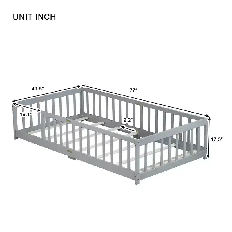 Letto a Castello a Terra con Sponda di Sicurezza, Espresso/Grigio/Naturale/Rosa/Bianco, Legno Massello, 1 Bambino