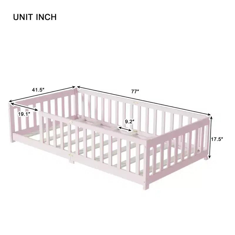 Letto a Castello a Terra con Sponda di Sicurezza, Espresso/Grigio/Naturale/Rosa/Bianco, Legno Massello, 1 Bambino