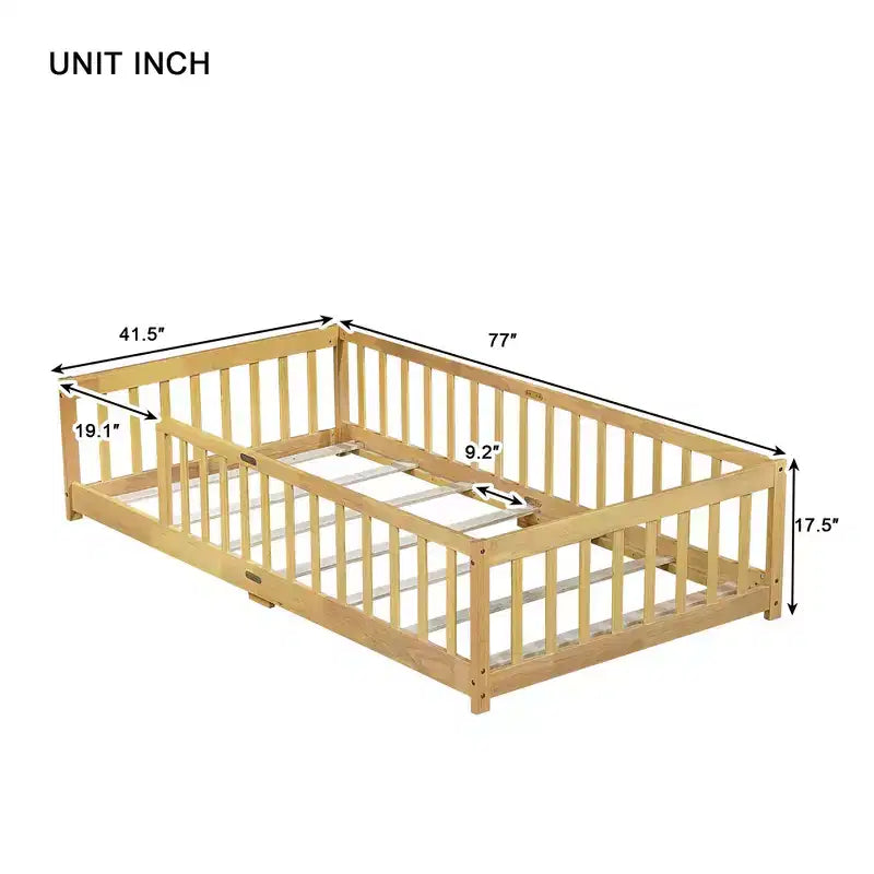 Letto a Castello a Terra con Sponda di Sicurezza, Espresso/Grigio/Naturale/Rosa/Bianco, Legno Massello, 1 Bambino