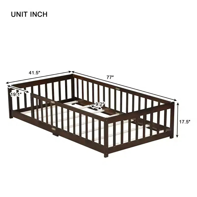 Letto a Castello a Terra con Sponda di Sicurezza, Espresso/Grigio/Naturale/Rosa/Bianco, Legno Massello, 1 Bambino