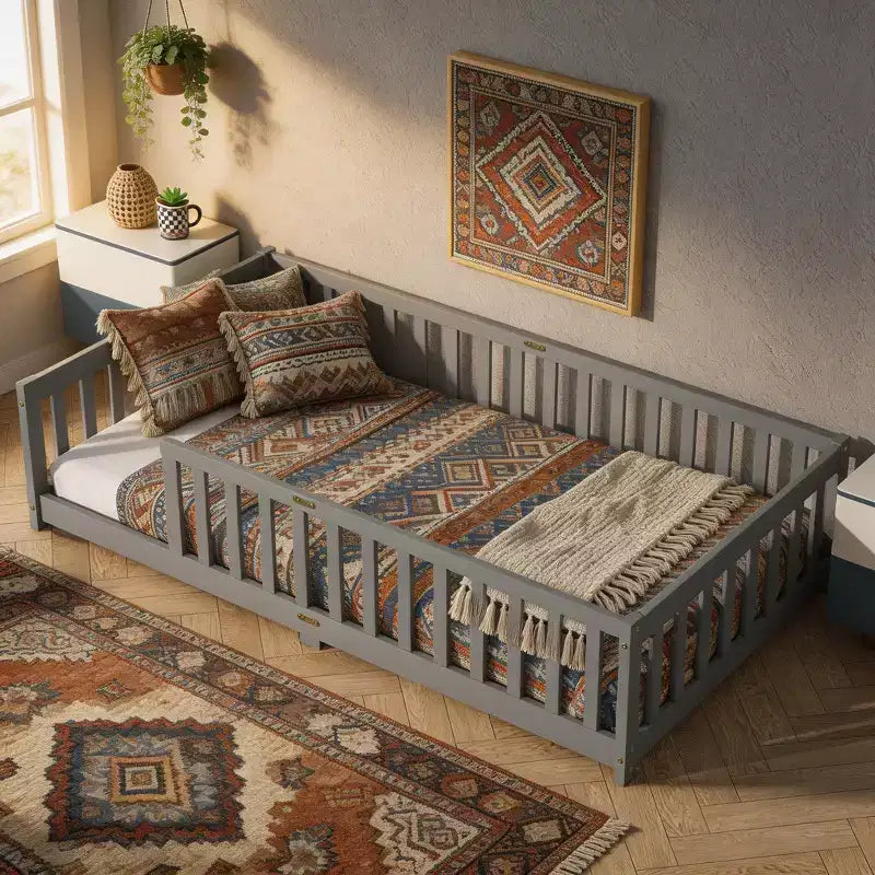 Letto a Castello a Terra con Sponda di Sicurezza, Espresso/Grigio/Naturale/Rosa/Bianco, Legno Massello, 1 Bambino