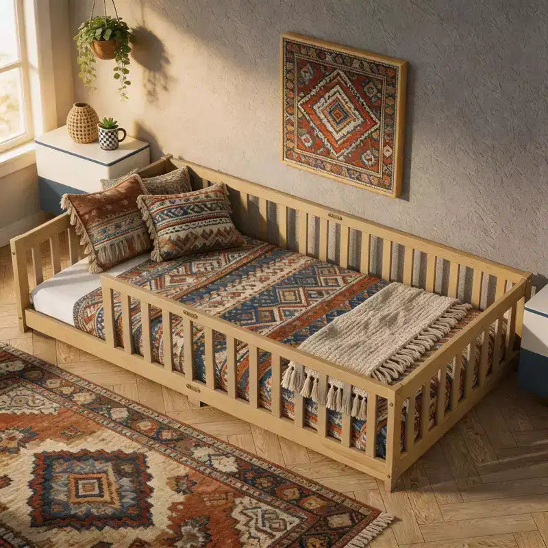 Letto a Castello a Terra con Sponda di Sicurezza, Espresso/Grigio/Naturale/Rosa/Bianco, Legno Massello, 1 Bambino