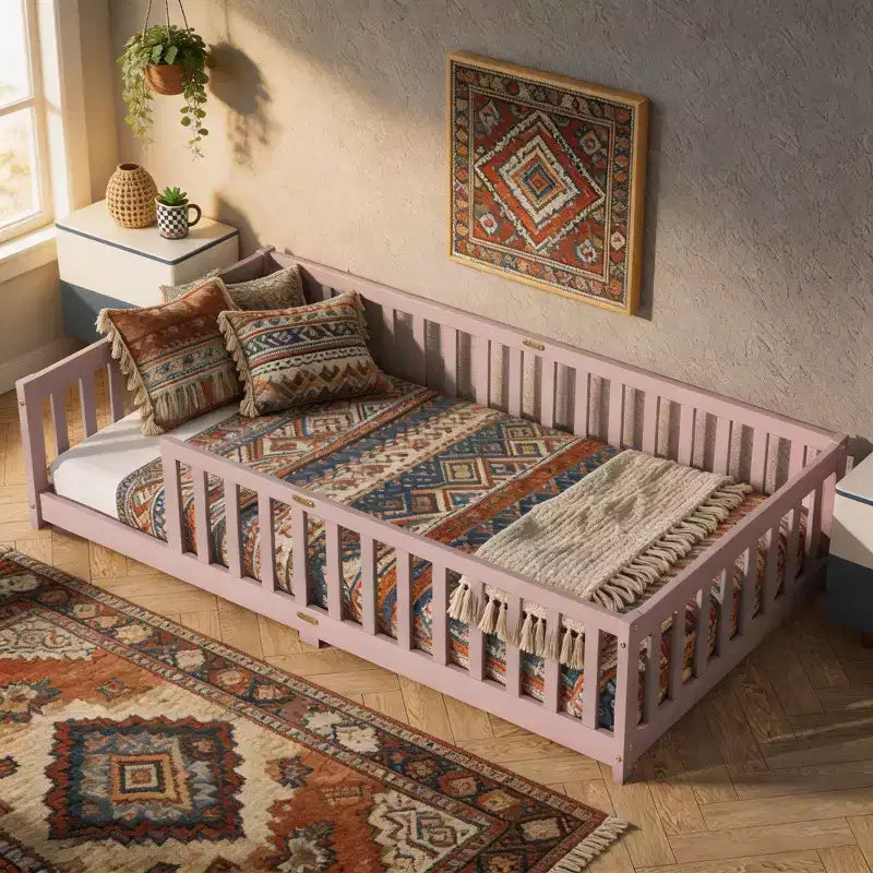 Letto a Castello a Terra con Sponda di Sicurezza, Espresso/Grigio/Naturale/Rosa/Bianco, Legno Massello, 1 Bambino