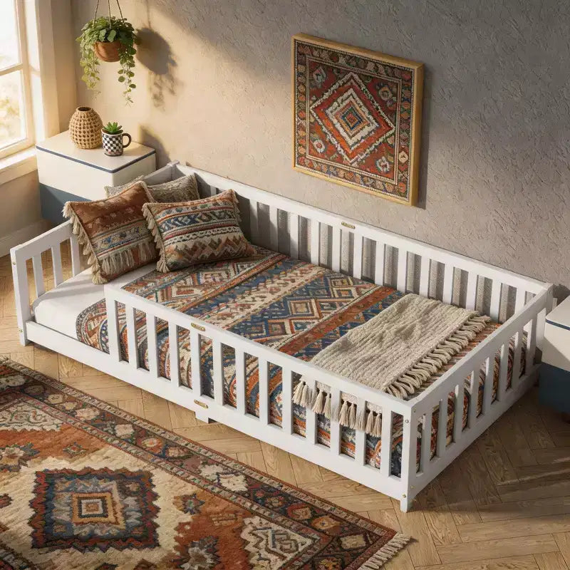 Letto a Castello a Terra con Sponda di Sicurezza, Espresso/Grigio/Naturale/Rosa/Bianco, Legno Massello, 1 Bambino