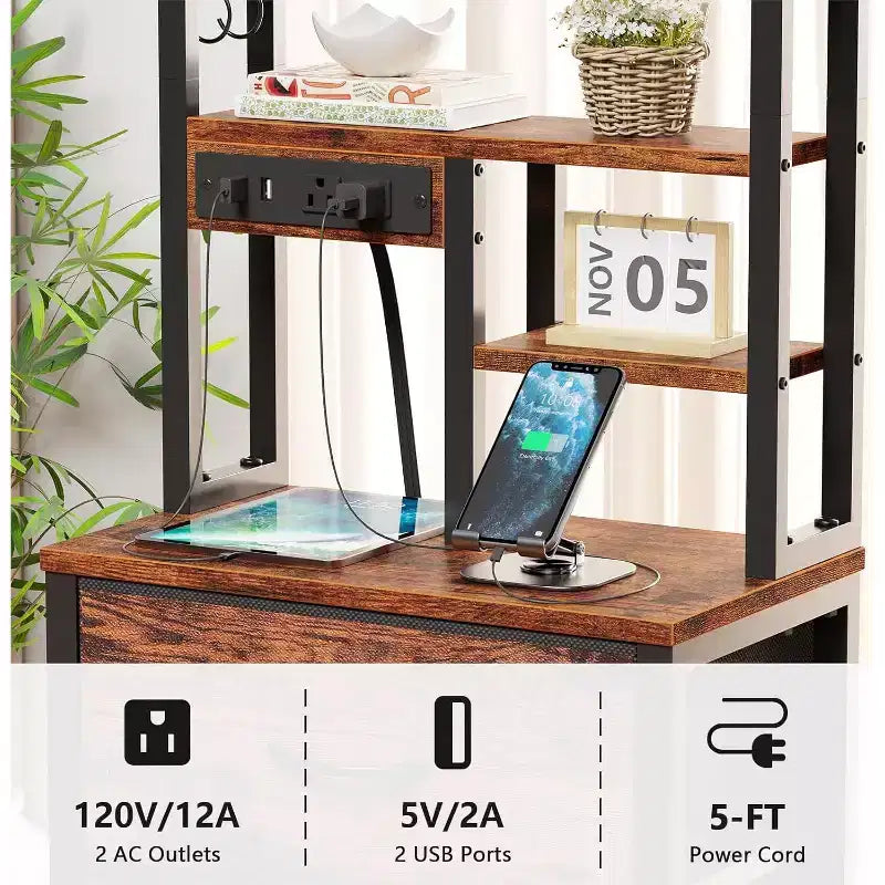 Comodino Alto Industriale Marrone con Luci LED e Ricarica USB – Uso da Camera Singola