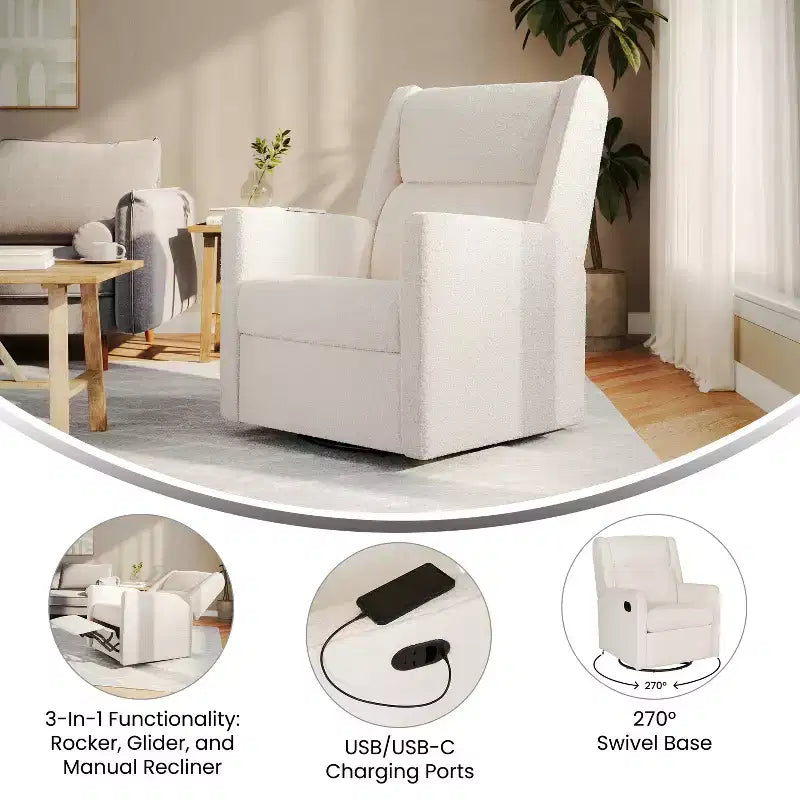 Poltrona reclinabile girevole a dondolo 3-in-1, 1 posto, pelle cognac/bouclé bianco sporco