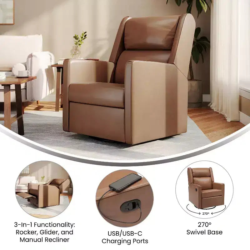 Poltrona reclinabile girevole a dondolo 3-in-1, 1 posto, pelle cognac/bouclé bianco sporco
