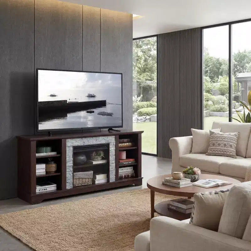 Mobile TV in ciliegio con cornice effetto pietra, ripiani a giorno, adatto per TV fino a 65"