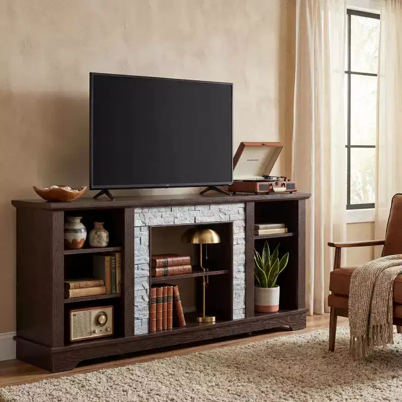 Mobile TV in ciliegio con cornice effetto pietra, ripiani a giorno, adatto per TV fino a 65"