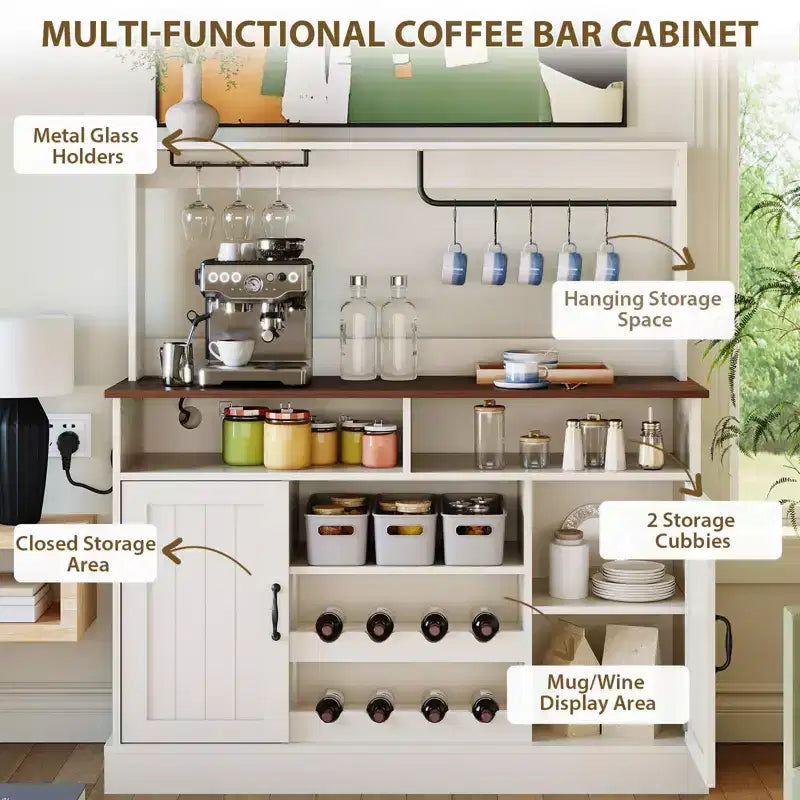 Credenza a buffet in legno con ante scorrevoli, colore rovere grigio, larga 120 cm, con portabottiglie e portacalici