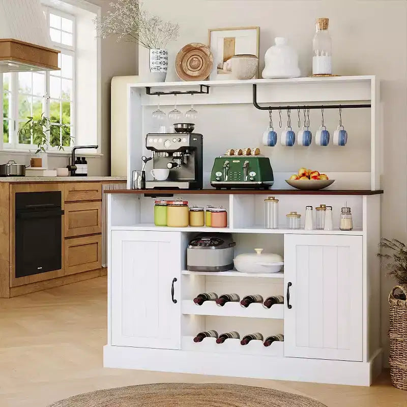 Credenza a buffet in legno con ante scorrevoli, colore rovere grigio, larga 120 cm, con portabottiglie e portacalici