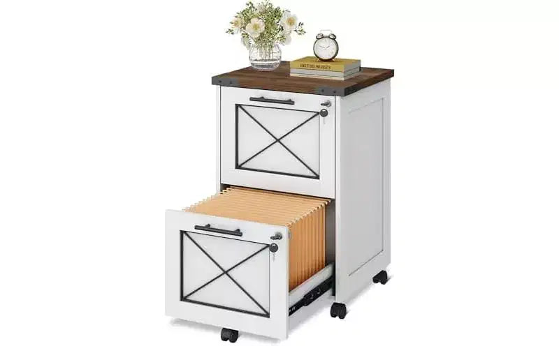 Armadietto portadocumenti su ruote a 2 cassetti con serratura, Grigio/Rovere/Bianco, 1 persona