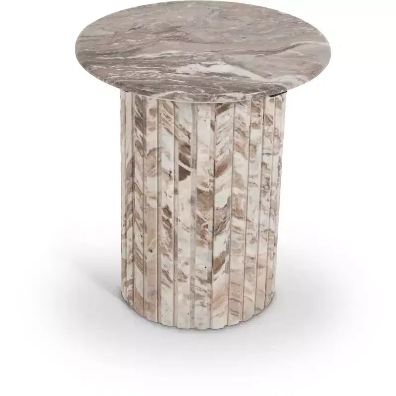 Tavolino rotondo in marmo color crema/marrone, base scanalata, montaggio da 1 persona