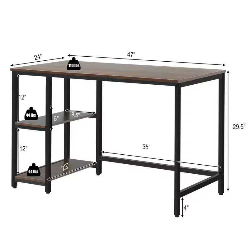 Scrivania per Computer da 47'' con Ripiano Regolabile – Nero / Caffè / Marrone Rustico