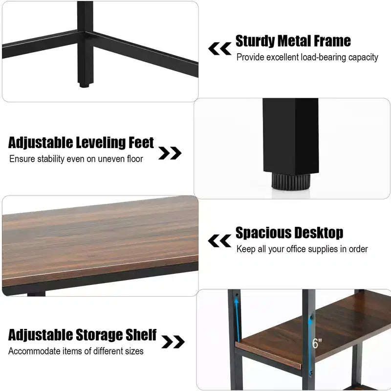 Scrivania per Computer da 47'' con Ripiano Regolabile – Nero / Caffè / Marrone Rustico
