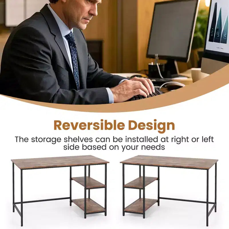 Scrivania per Computer da 47'' con Ripiano Regolabile – Nero / Caffè / Marrone Rustico