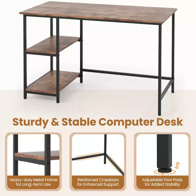 Scrivania per Computer da 47'' con Ripiano Regolabile – Nero / Caffè / Marrone Rustico