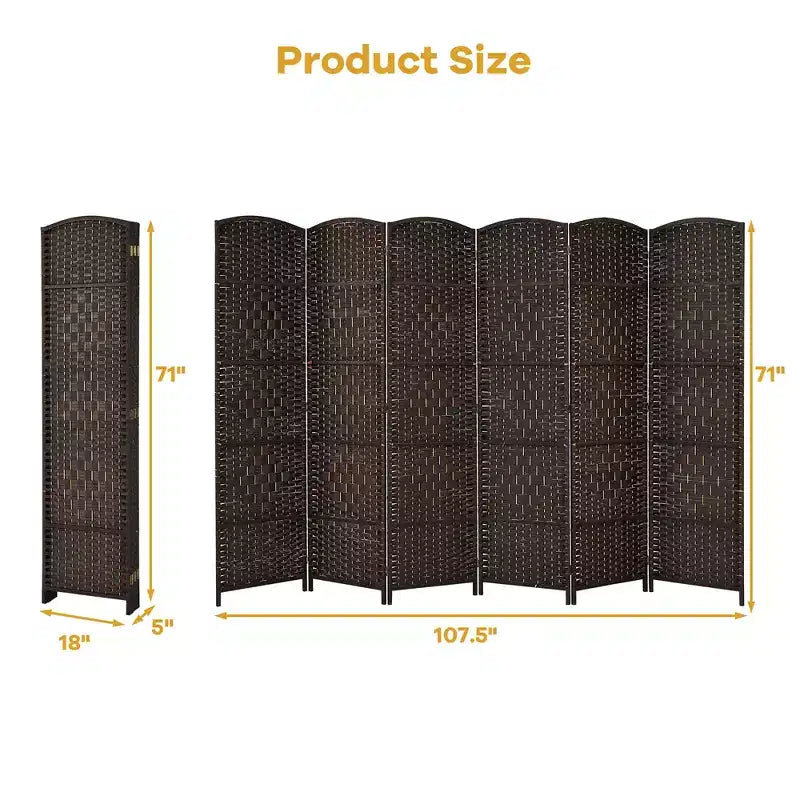 Paravento pieghevole a 6 pannelli, colore nero/marrone, altezza 1,83 m, in rattan e pioppo