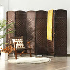 Paravento pieghevole a 6 pannelli, colore nero/marrone, altezza 1,83 m, in rattan e pioppo