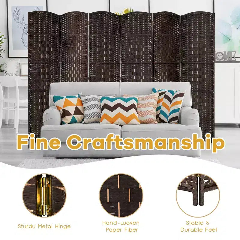 Paravento pieghevole a 6 pannelli, colore nero/marrone, altezza 1,83 m, in rattan e pioppo