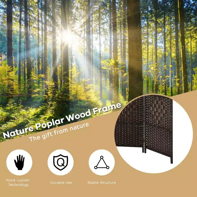 Paravento pieghevole a 6 pannelli, colore nero/marrone, altezza 1,83 m, in rattan e pioppo