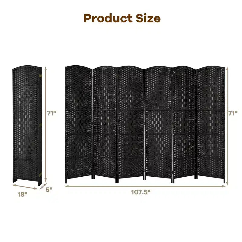 Paravento pieghevole a 6 pannelli, colore nero/marrone, altezza 1,83 m, in rattan e pioppo