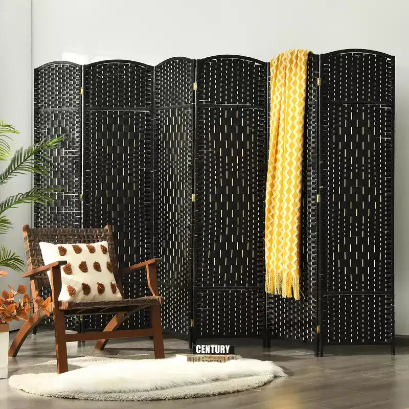 Paravento pieghevole a 6 pannelli, colore nero/marrone, altezza 1,83 m, in rattan e pioppo