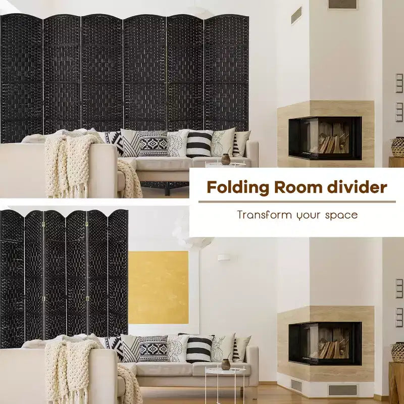 Paravento pieghevole a 6 pannelli, colore nero/marrone, altezza 1,83 m, in rattan e pioppo