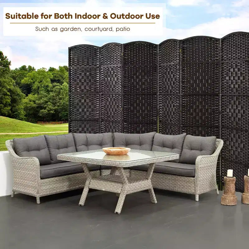 Paravento pieghevole a 6 pannelli, colore nero/marrone, altezza 1,83 m, in rattan e pioppo