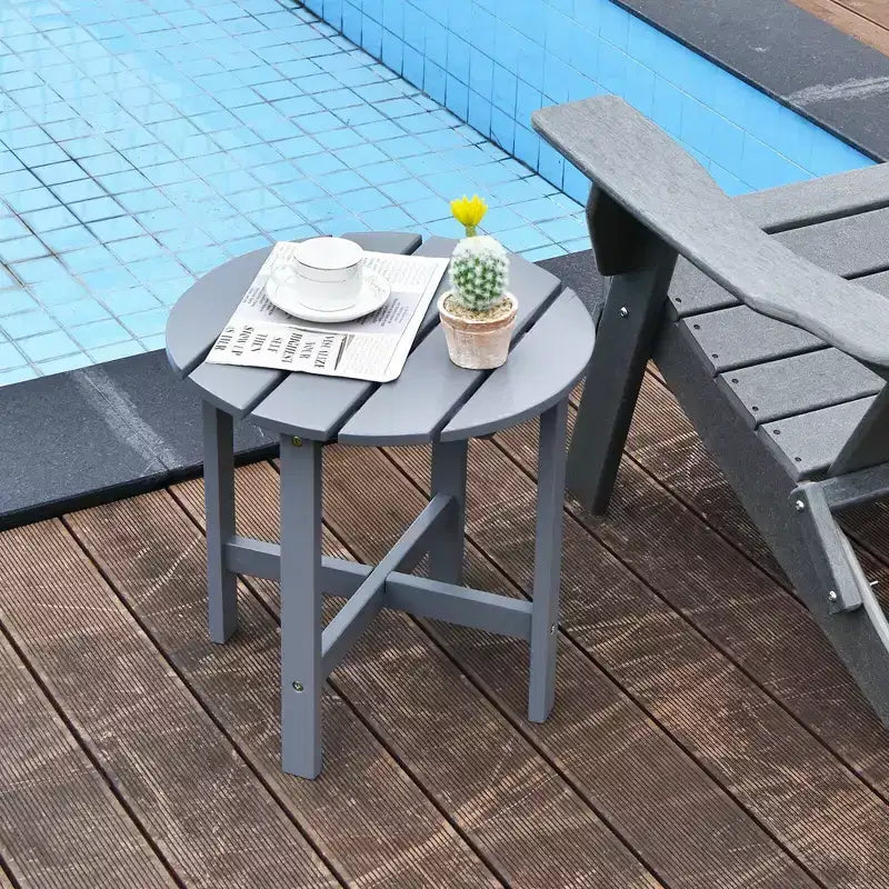 Tavolino Rotondo a Doghe in Legno da 45 cm, Nero/Grigio/Bianco, Interni ed Esterni, 1 Persona