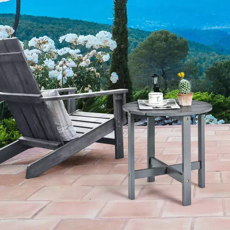 Tavolino Rotondo a Doghe in Legno da 45 cm, Nero/Grigio/Bianco, Interni ed Esterni, 1 Persona