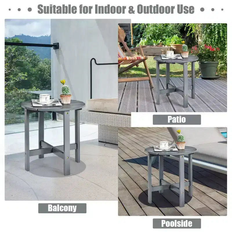 Tavolino Rotondo a Doghe in Legno da 45 cm, Nero/Grigio/Bianco, Interni ed Esterni, 1 Persona