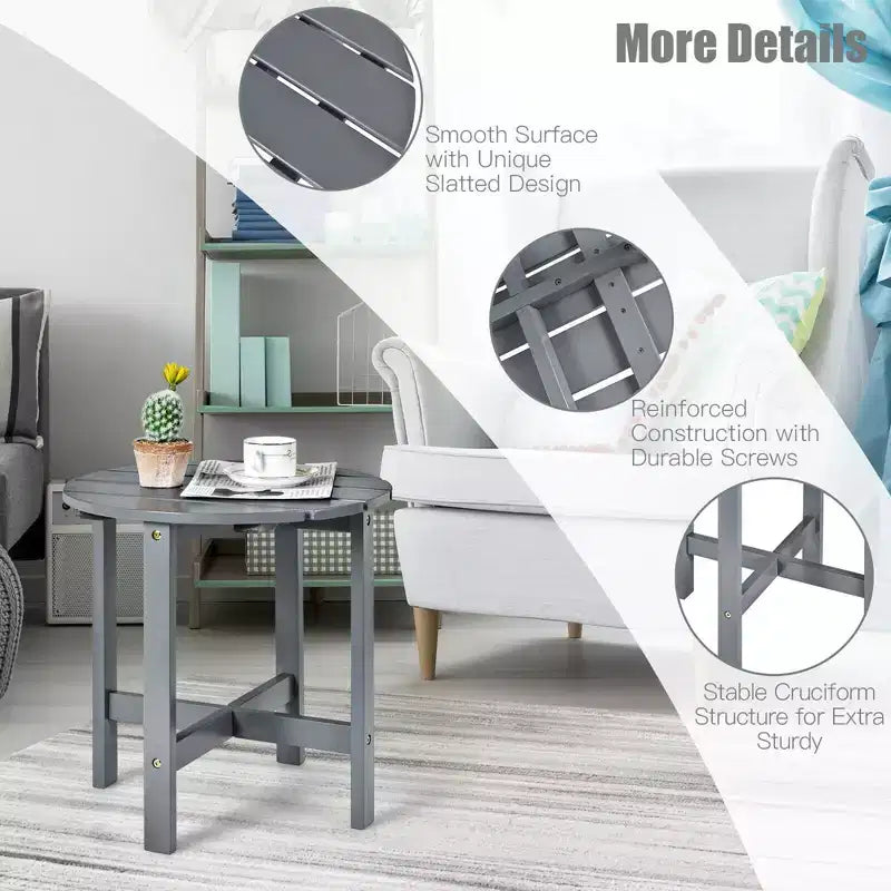 Tavolino Rotondo a Doghe in Legno da 45 cm, Nero/Grigio/Bianco, Interni ed Esterni, 1 Persona