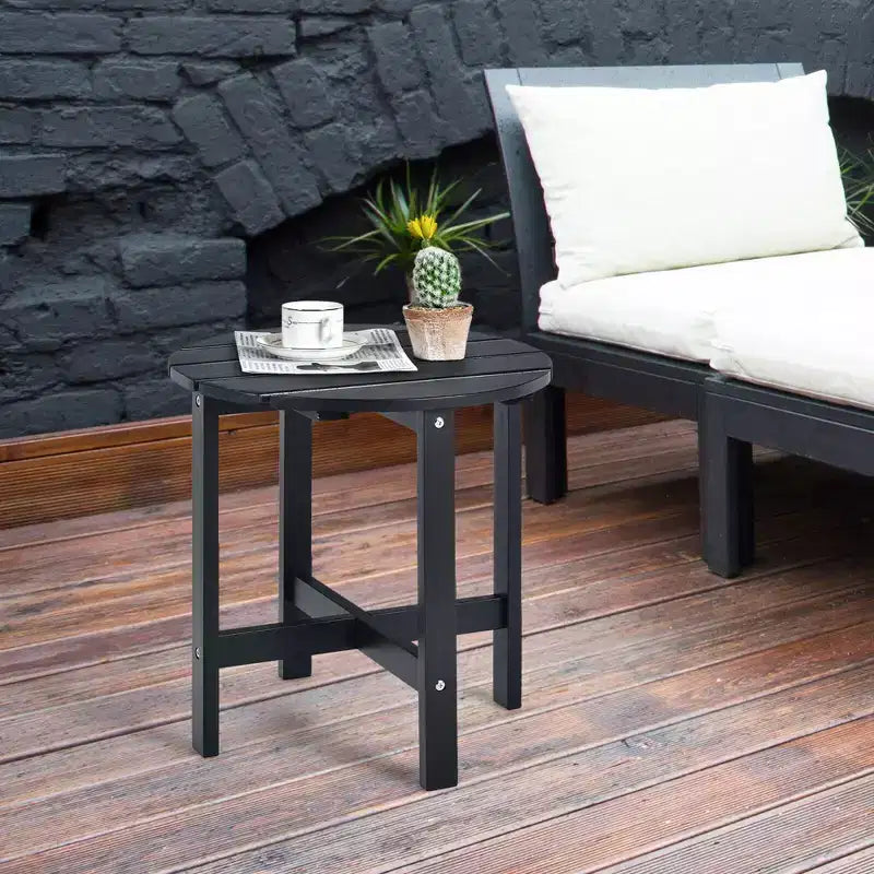 Tavolino Rotondo a Doghe in Legno da 45 cm, Nero/Grigio/Bianco, Interni ed Esterni, 1 Persona