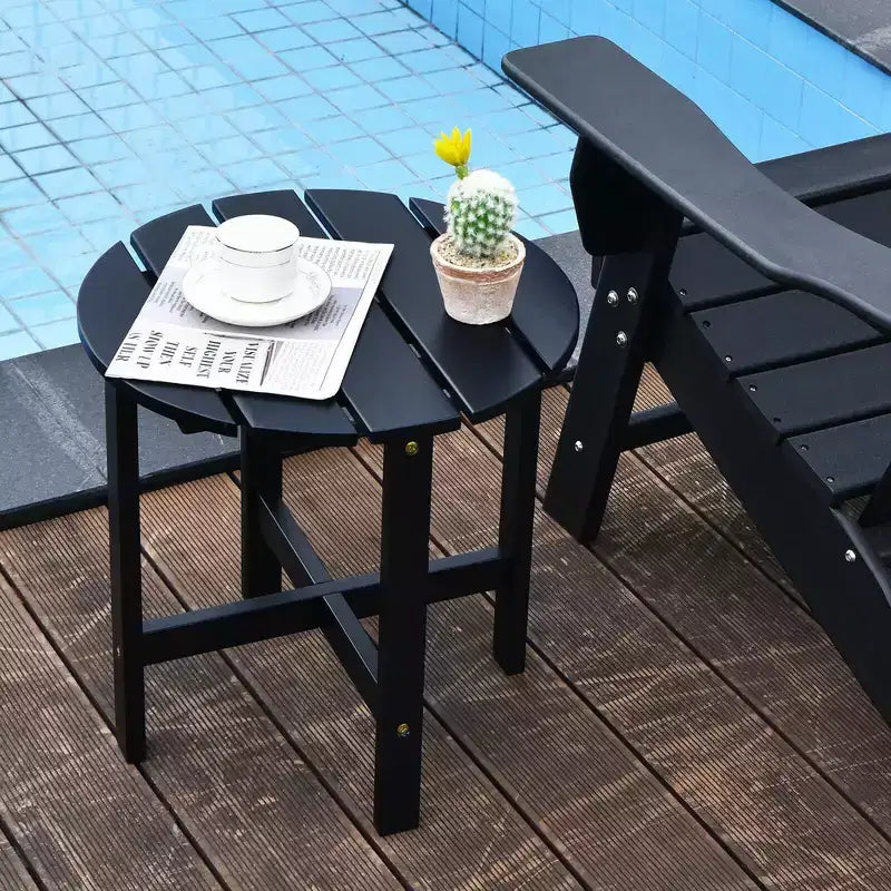 Tavolino Rotondo a Doghe in Legno da 45 cm, Nero/Grigio/Bianco, Interni ed Esterni, 1 Persona