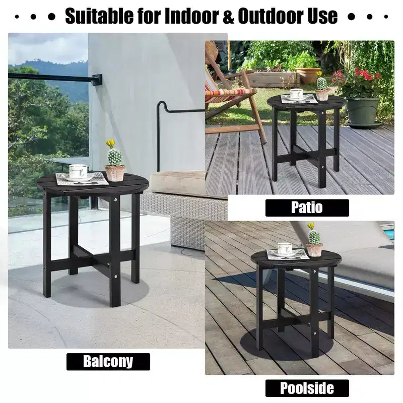 Tavolino Rotondo a Doghe in Legno da 45 cm, Nero/Grigio/Bianco, Interni ed Esterni, 1 Persona