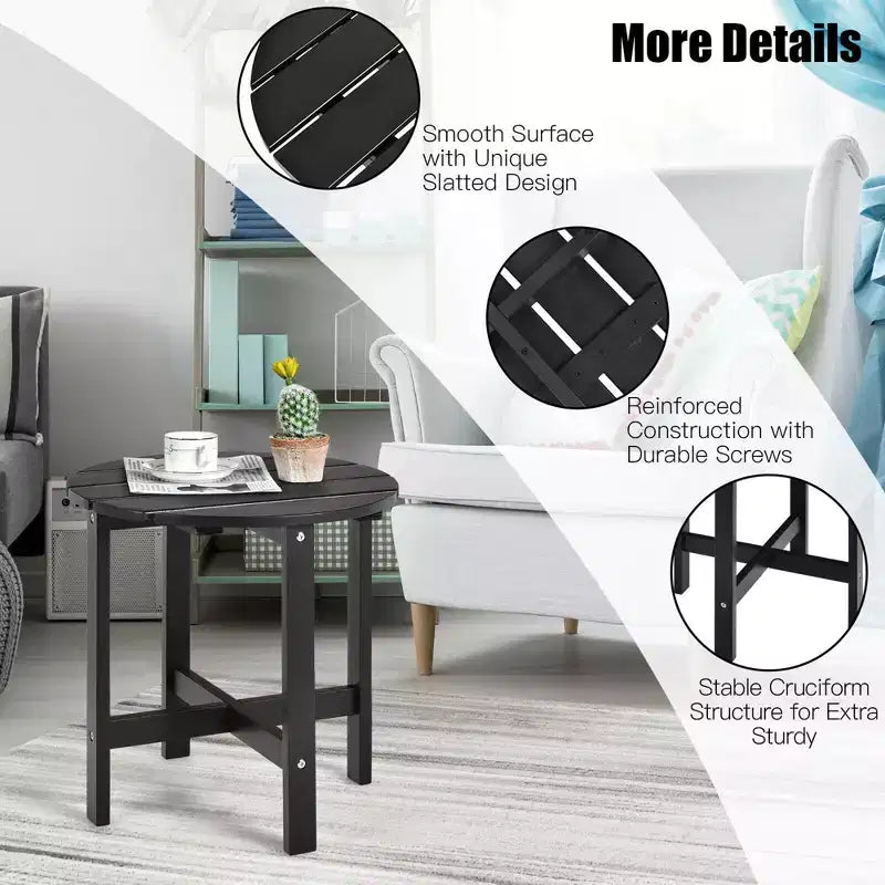 Tavolino Rotondo a Doghe in Legno da 45 cm, Nero/Grigio/Bianco, Interni ed Esterni, 1 Persona